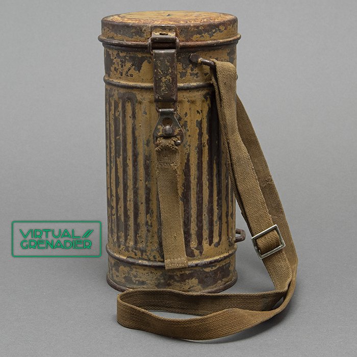 GR6 Tan camouflaged military issue short gas mask canister with carrying strap — image 2