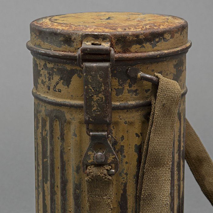 GR6 Tan camouflaged military issue short gas mask canister with carrying strap — image 3