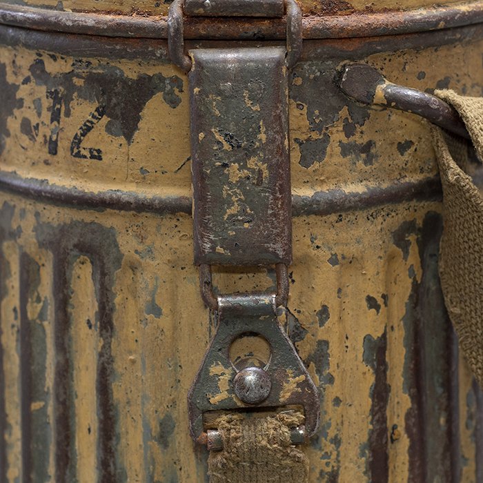 GR6 Tan camouflaged military issue short gas mask canister with carrying strap — image 4