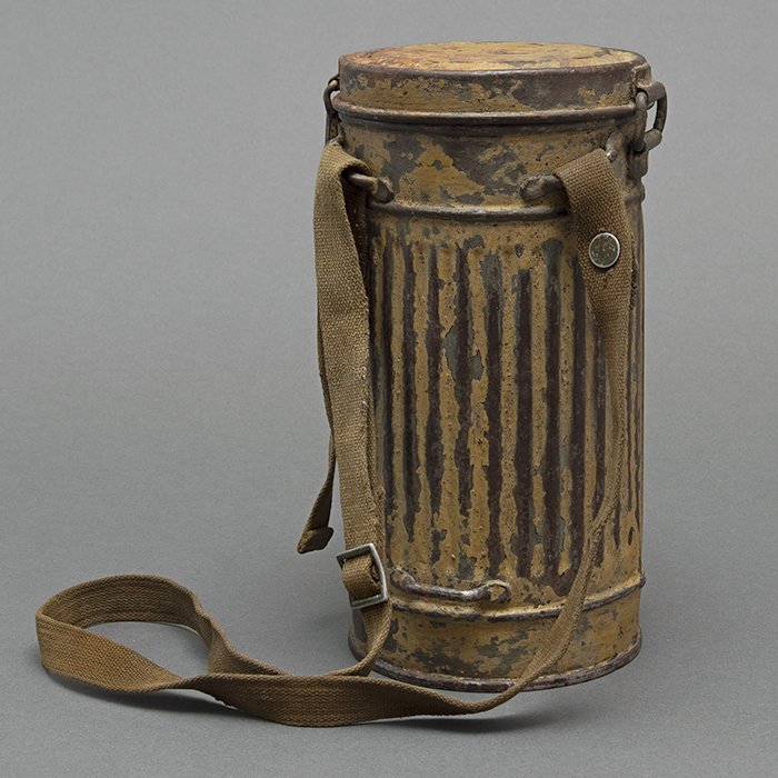 GR6 Tan camouflaged military issue short gas mask canister with carrying strap — image 6