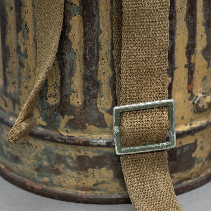 GR6 Tan camouflaged military issue short gas mask canister with carrying strap — image 7