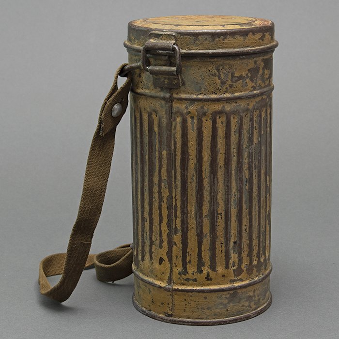 GR6 Tan camouflaged military issue short gas mask canister with carrying strap — image 8