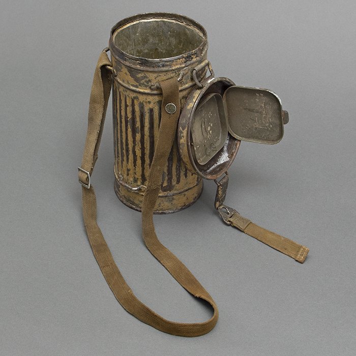 GR6 Tan camouflaged military issue short gas mask canister with carrying strap — image 9