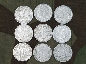 Mid War French Francs Coins (Set of 9) 1941/1943/1943