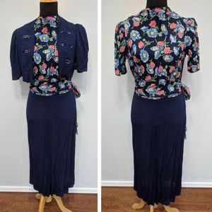 Blue Flower Print Dress w/ Matching Jacket(B-39' W-30' H-33')