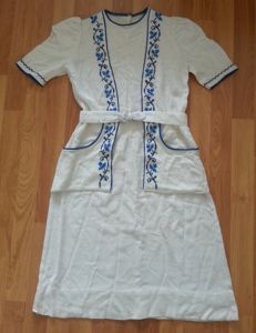 German White Dress with Blue Needlework & Peplum PocketsB-34' W-26' …