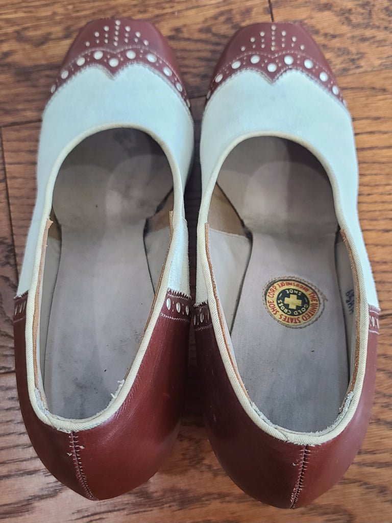 Brown and White Spectator Peep Toe Pumps 6 1/2 AA — image 10