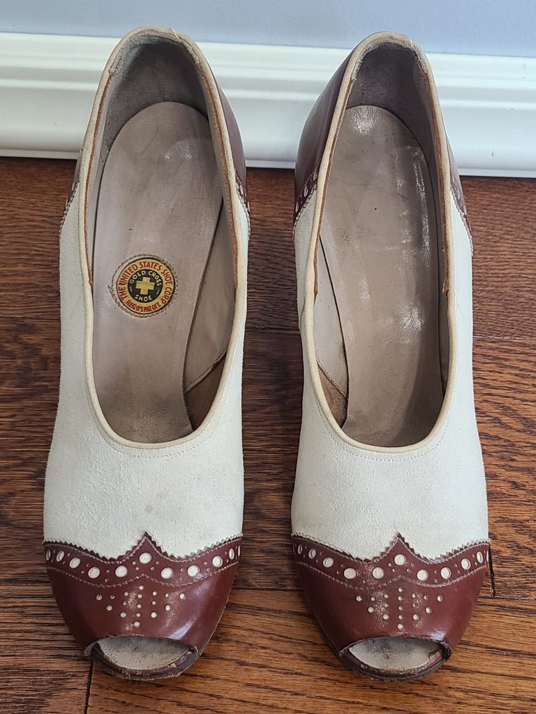 Brown and White Spectator Peep Toe Pumps 6 1/2 AA — image 2