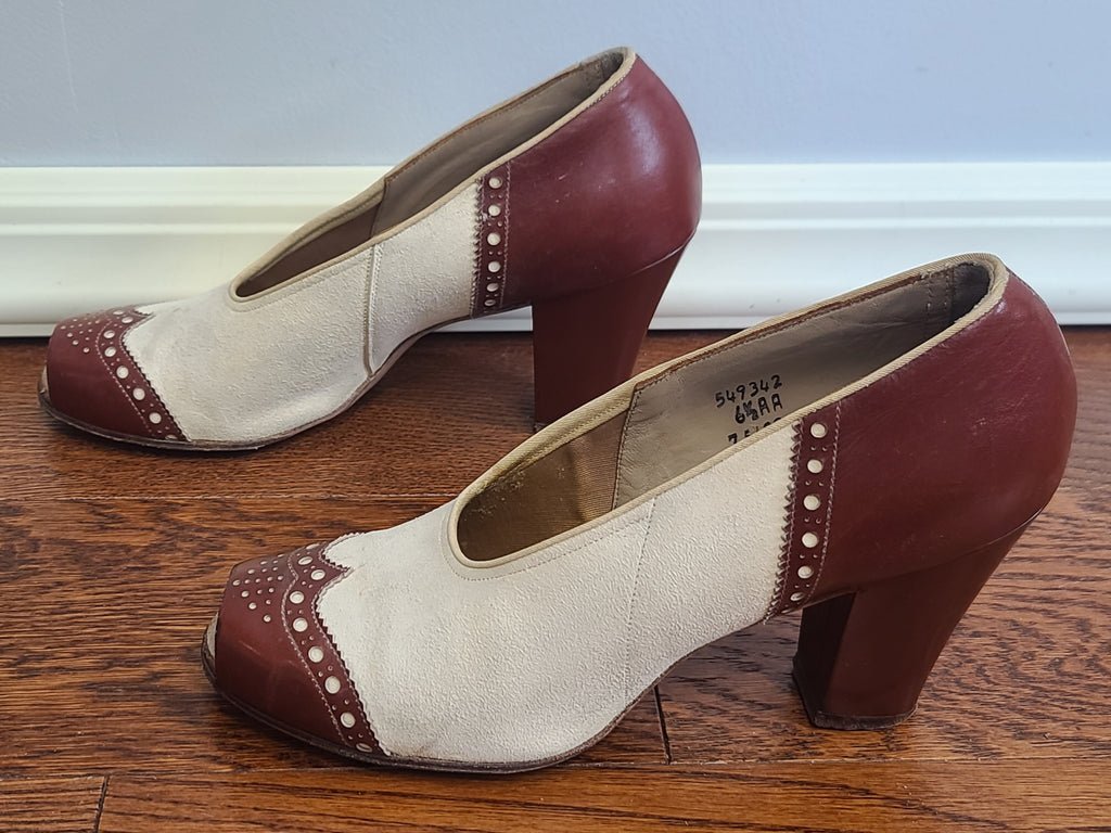 Brown and White Spectator Peep Toe Pumps 6 1/2 AA — image 3