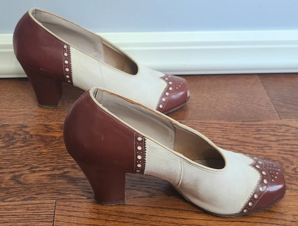 Brown and White Spectator Peep Toe Pumps 6 1/2 AA — image 4
