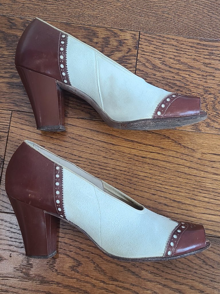 Brown and White Spectator Peep Toe Pumps 6 1/2 AA — image 5