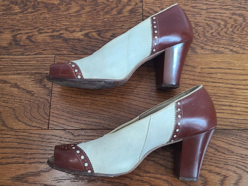Brown and White Spectator Peep Toe Pumps 6 1/2 AA — image 6