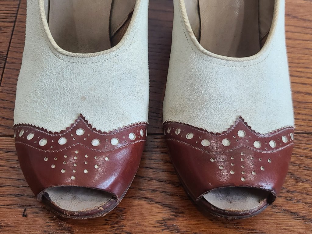 Brown and White Spectator Peep Toe Pumps 6 1/2 AA — image 9