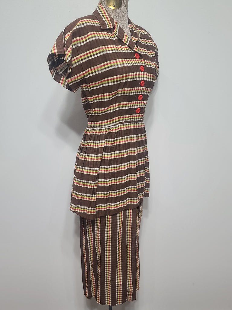 Brown Plaid Stripe Peplum Dress(B-34' W-24' H-34') — image 3