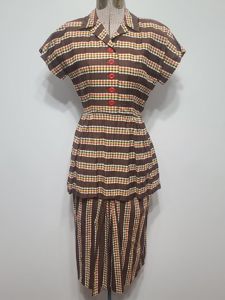 Brown Plaid Stripe Peplum Dress(B-34' W-24' H-34')