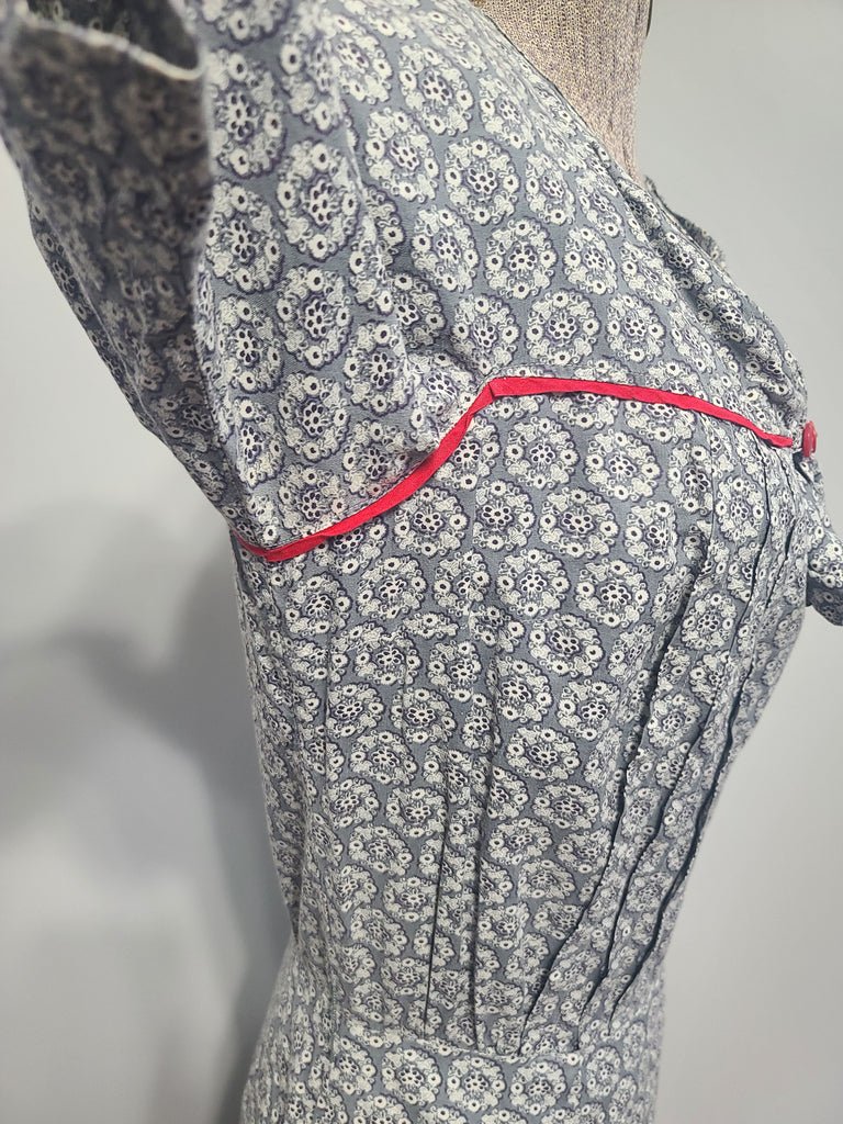 Blue Gray Print Dress with Red Trim(B-36' W-27' H-35') — image 10
