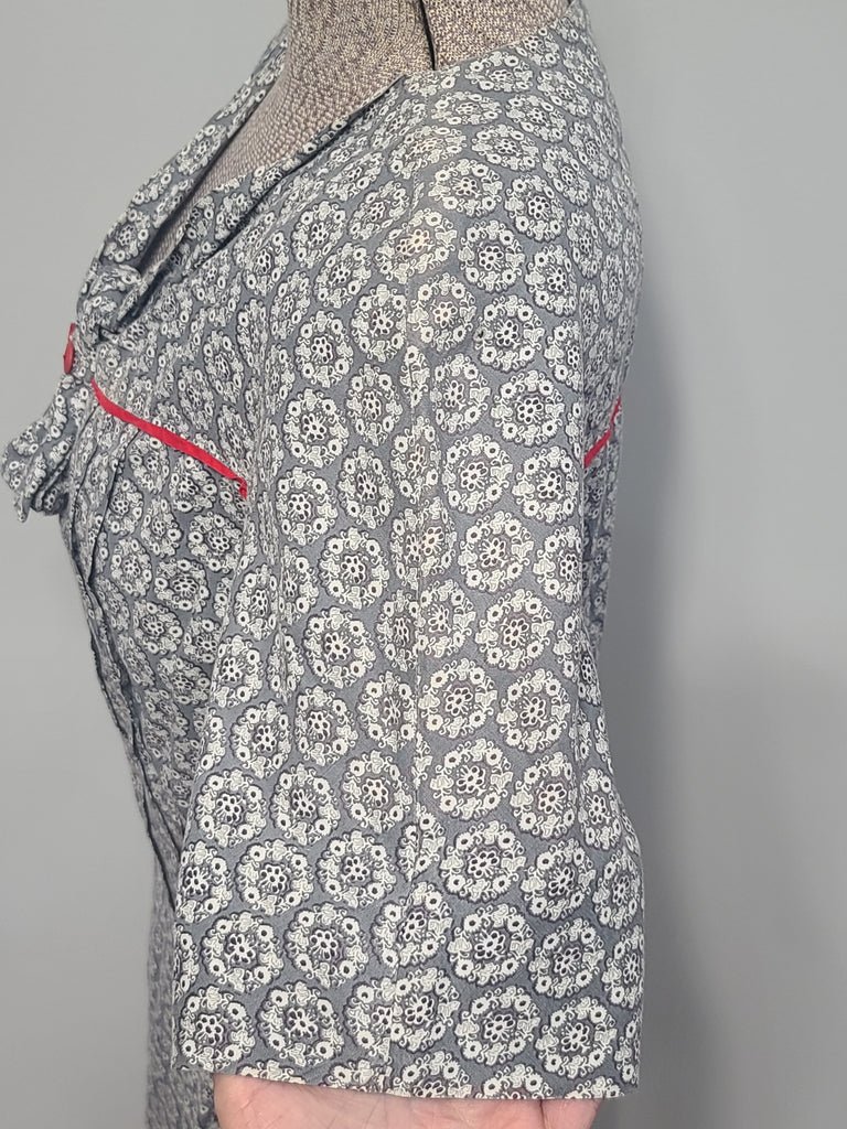 Blue Gray Print Dress with Red Trim(B-36' W-27' H-35') — image 11