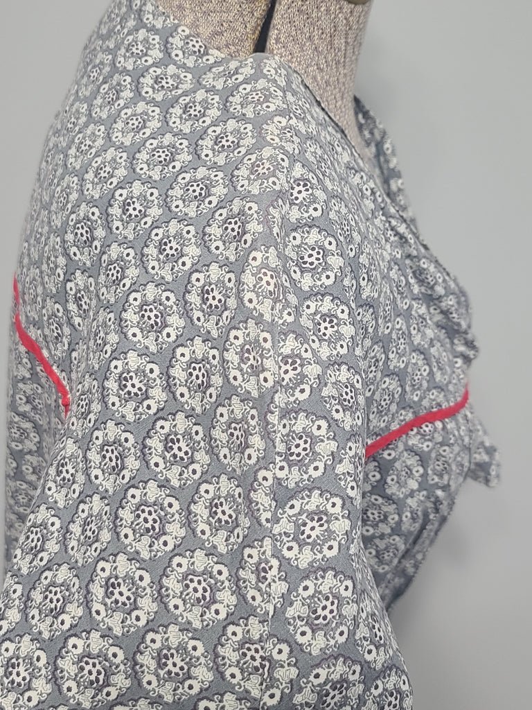 Blue Gray Print Dress with Red Trim(B-36' W-27' H-35') — image 13