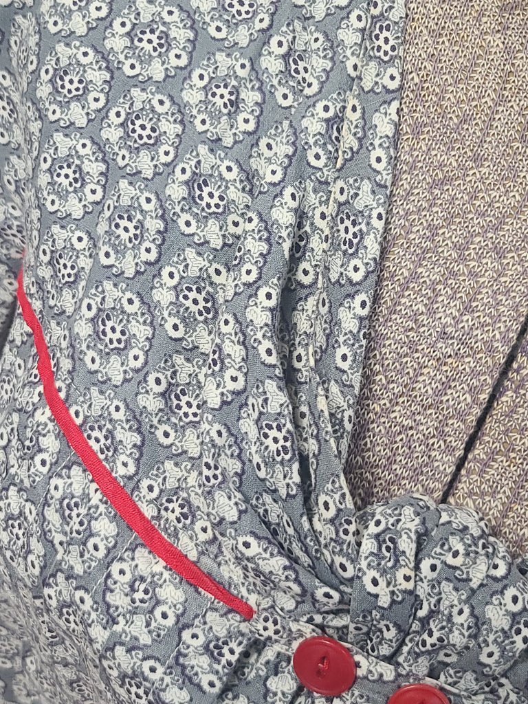 Blue Gray Print Dress with Red Trim(B-36' W-27' H-35') — image 14