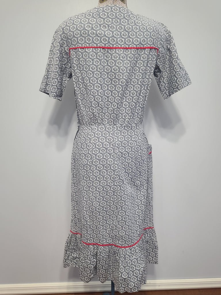 Blue Gray Print Dress with Red Trim(B-36' W-27' H-35') — image 2