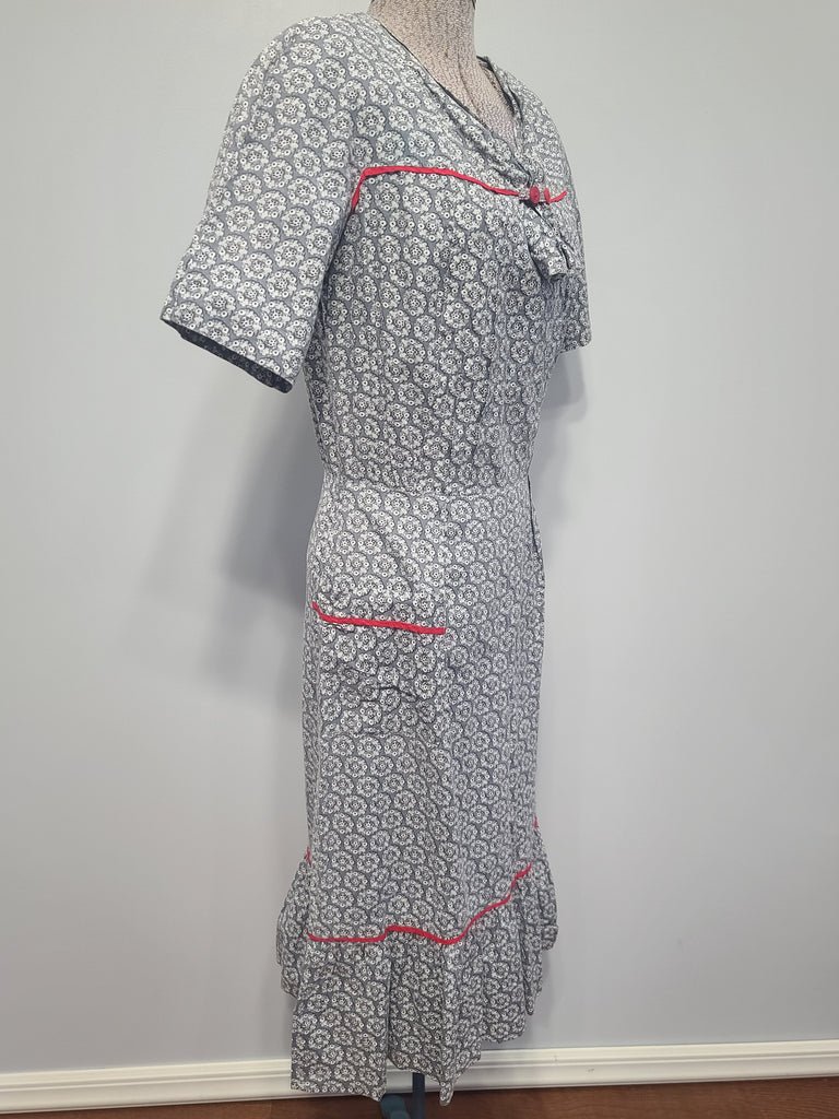 Blue Gray Print Dress with Red Trim(B-36' W-27' H-35') — image 3