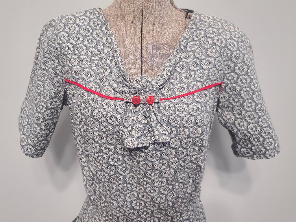 Blue Gray Print Dress with Red Trim(B-36' W-27' H-35') — image 5