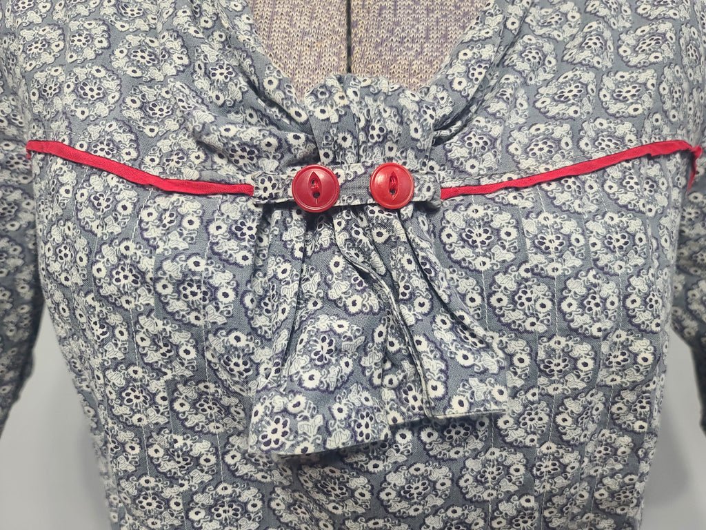 Blue Gray Print Dress with Red Trim(B-36' W-27' H-35') — image 6