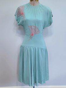 Robin's Egg Blue Dress with Pink Fan Design(B-33' W-24' H-32')