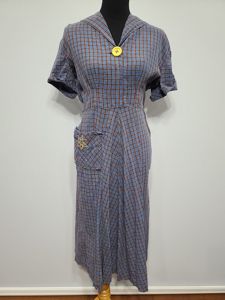 Blue Brown Plaid Dress with Yellow Flower Pocket(B-40' W-28' H-36')