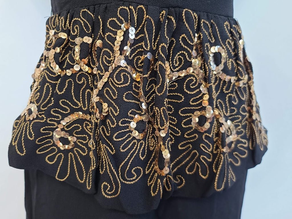 Black Rayon Peplum Dress with Gold Sequins and Soutache(B-33' W-26' H-35') — image 10