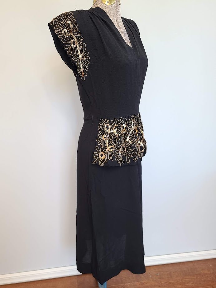 Black Rayon Peplum Dress with Gold Sequins and Soutache(B-33' W-26' H-35') — image 2