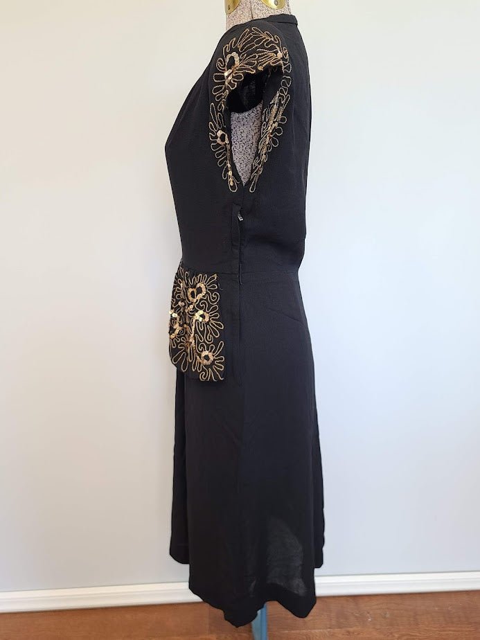 Black Rayon Peplum Dress with Gold Sequins and Soutache(B-33' W-26' H-35') — image 3