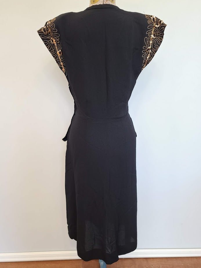 Black Rayon Peplum Dress with Gold Sequins and Soutache(B-33' W-26' H-35') — image 4
