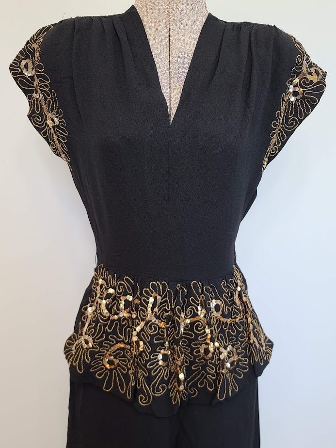 Black Rayon Peplum Dress with Gold Sequins and Soutache(B-33' W-26' H-35') — image 5