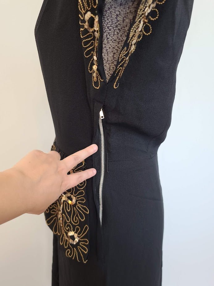 Black Rayon Peplum Dress with Gold Sequins and Soutache(B-33' W-26' H-35') — image 6