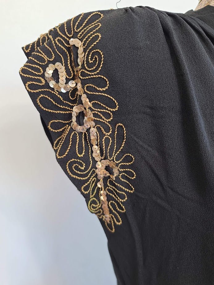 Black Rayon Peplum Dress with Gold Sequins and Soutache(B-33' W-26' H-35') — image 7