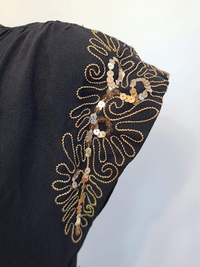 Black Rayon Peplum Dress with Gold Sequins and Soutache(B-33' W-26' H-35') — image 9