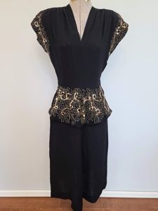 Black Rayon Peplum Dress with Gold Sequins and Soutache(B-33' W-26' …