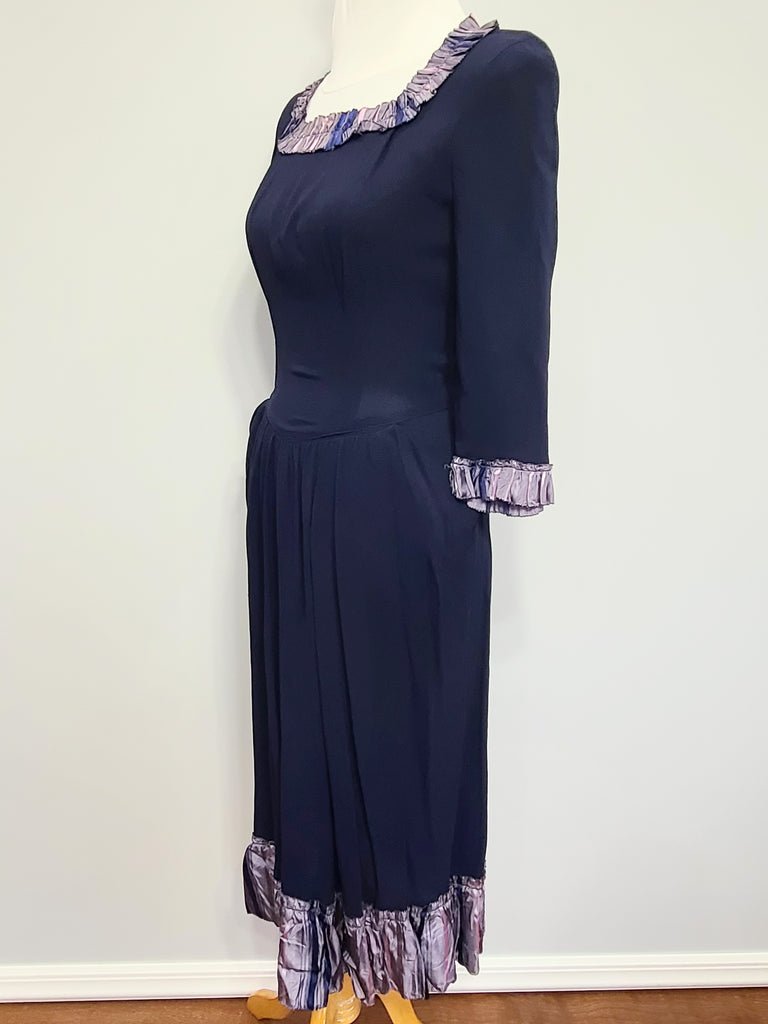 Dark Blue Rayon Dress with Plaid Trim(B-35' W-25.5' H-38') — image 3