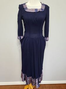 Dark Blue Rayon Dress with Plaid Trim(B-35' W-25.5' H-38')