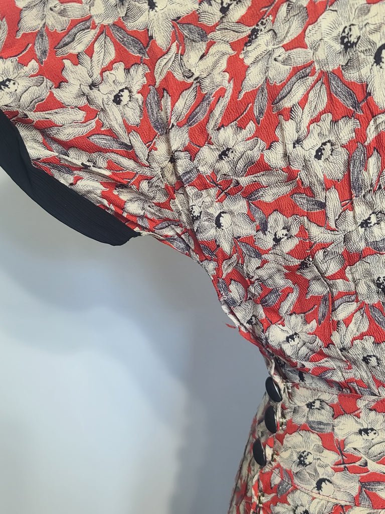 German Red White Black Flower Print Rayon Dress(B-38' W-28' H-35') — image 22