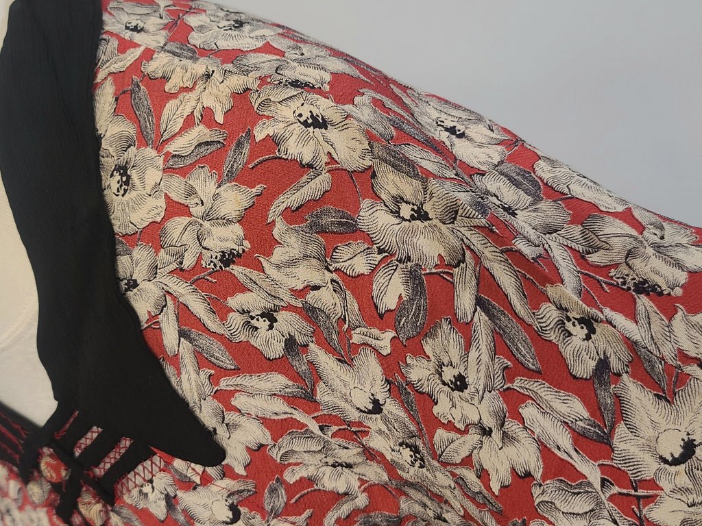 German Red White Black Flower Print Rayon Dress(B-38' W-28' H-35') — image 26