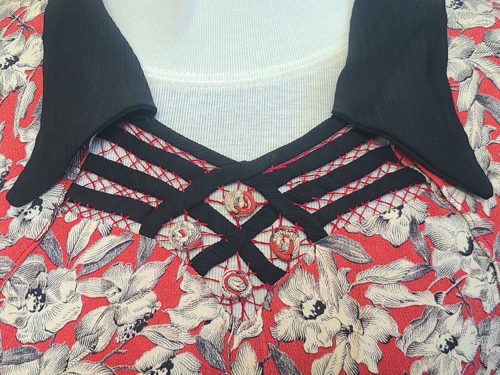 German Red White Black Flower Print Rayon Dress(B-38' W-28' H-35') — image 6