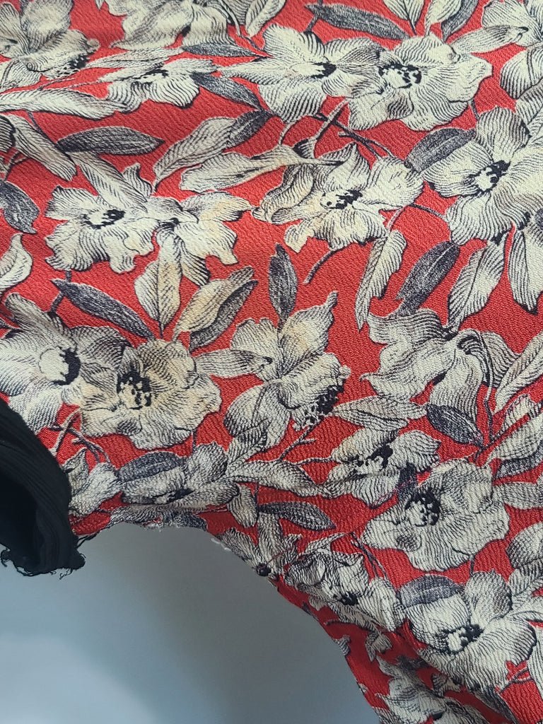 German Red White Black Flower Print Rayon Dress(B-38' W-28' H-35') — image 8