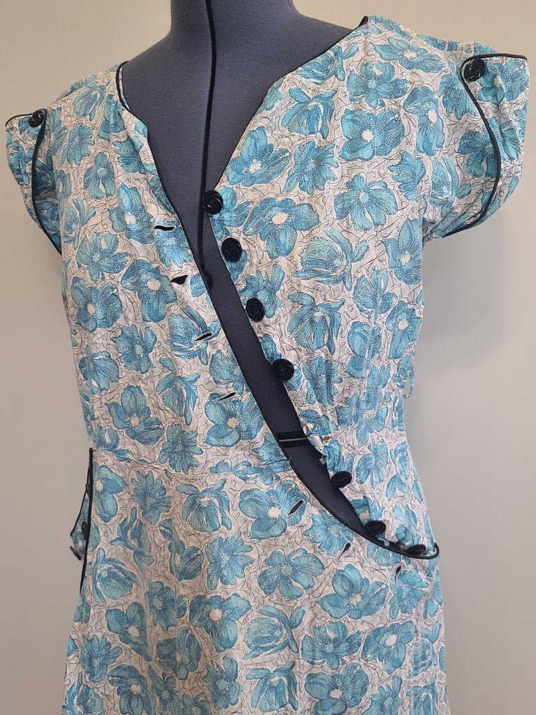 Blue Flower Print Dress Asymmetrical Button Design(B-41' W-36' H-43') — image 14