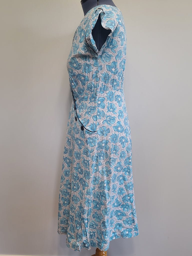 Blue Flower Print Dress Asymmetrical Button Design(B-41' W-36' H-43') — image 2