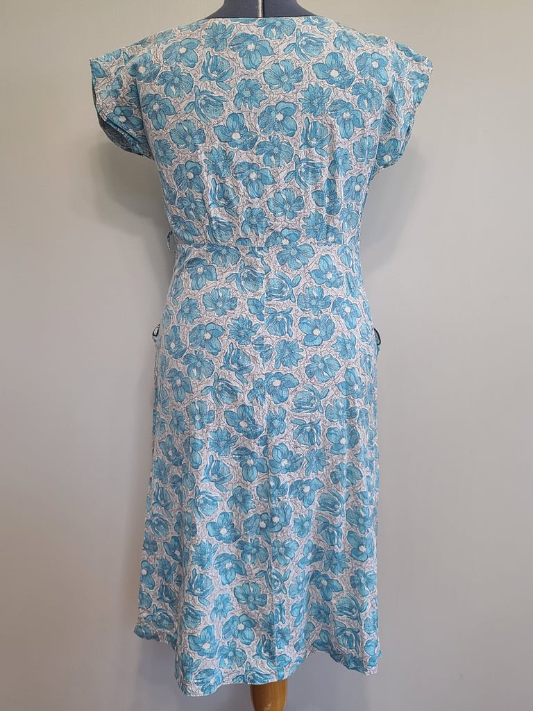 Blue Flower Print Dress Asymmetrical Button Design(B-41' W-36' H-43') — image 3