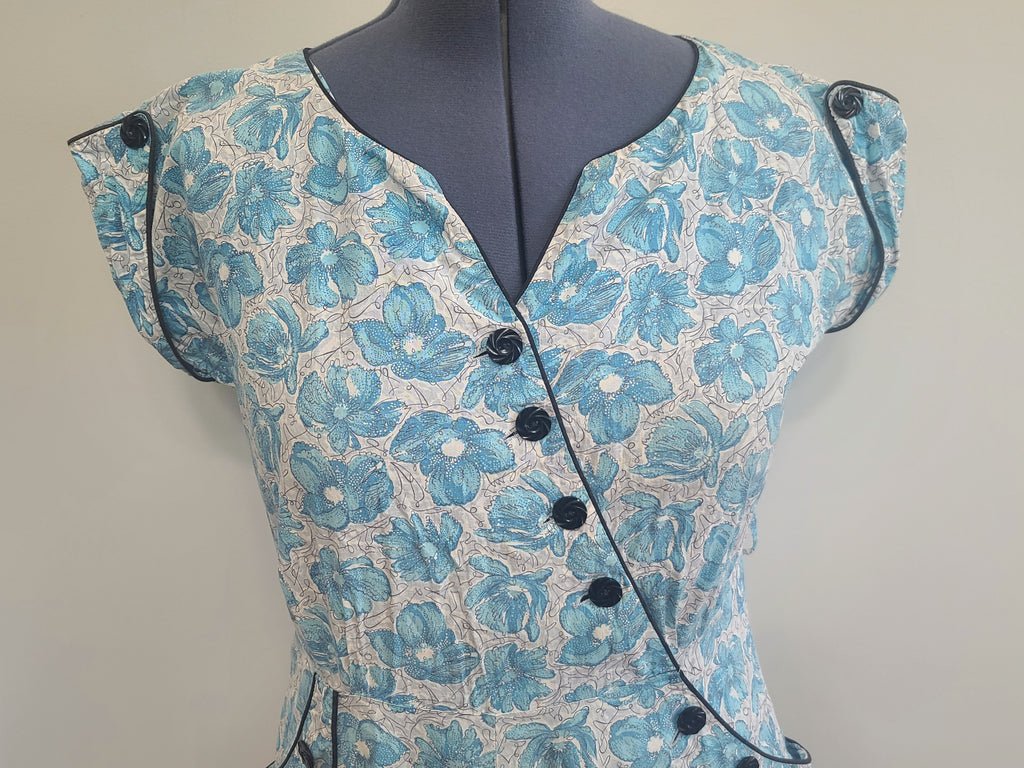 Blue Flower Print Dress Asymmetrical Button Design(B-41' W-36' H-43') — image 5