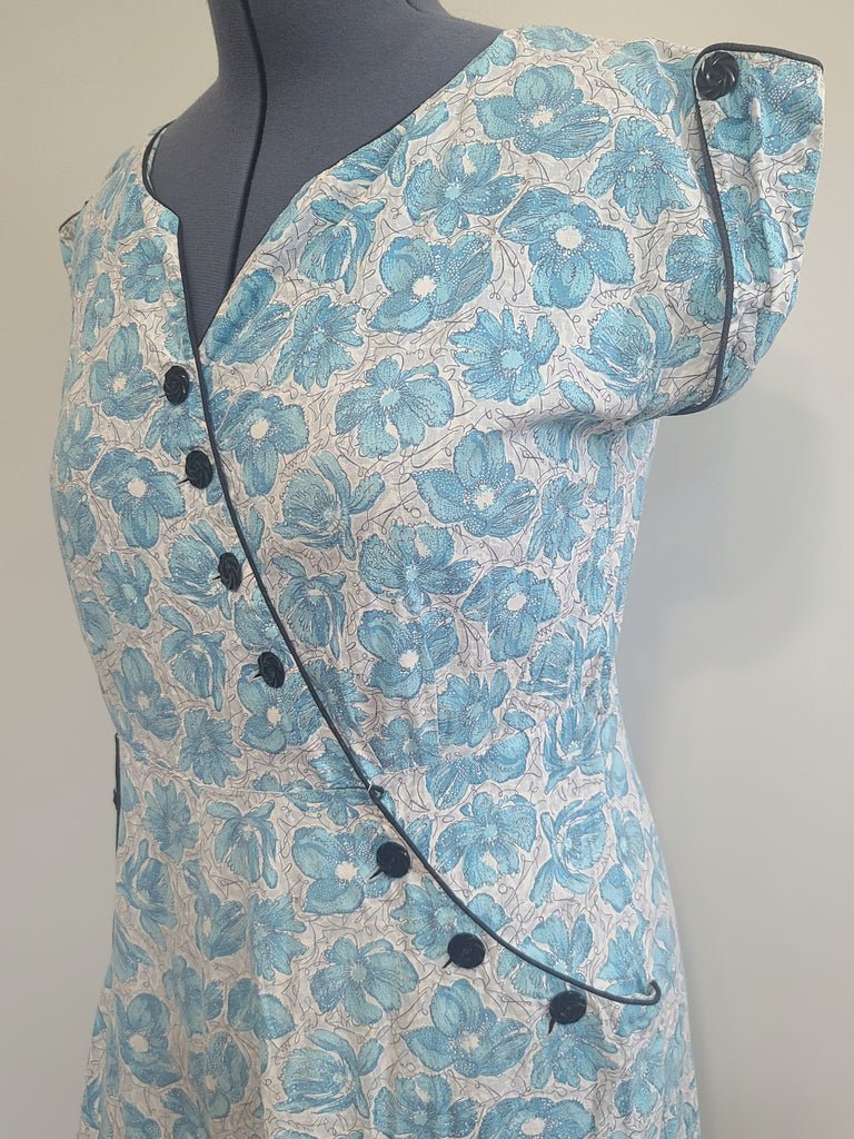 Blue Flower Print Dress Asymmetrical Button Design(B-41' W-36' H-43') — image 6