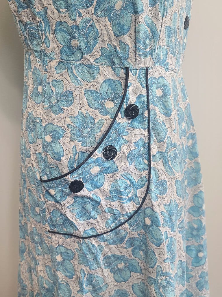 Blue Flower Print Dress Asymmetrical Button Design(B-41' W-36' H-43') — image 7